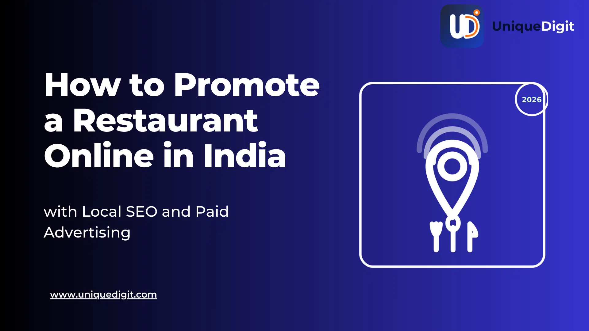 Map pin and restaurant icon showing how to promote a restaurant online in India using local SEO and paid advertising in 2026