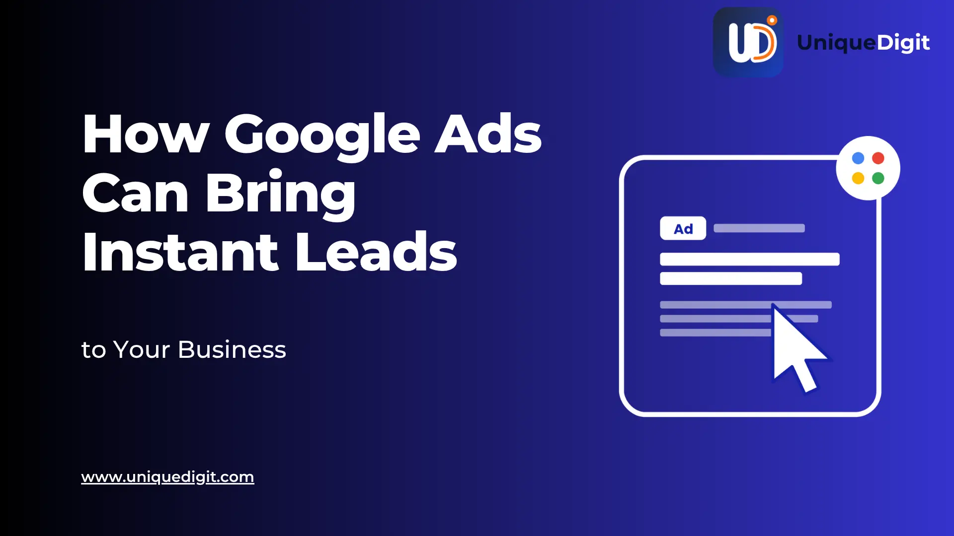 Google Ads search result mockup with click cursor showing how Google Ads generate instant leads for businesses