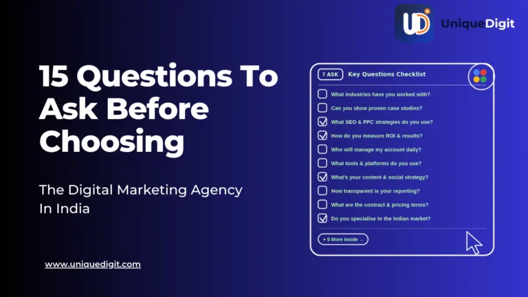 Checklist of 15 essential questions to ask before hiring a digital marketing agency in India — covering SEO, PPC, ROI, content strategy, reporting, and pricing