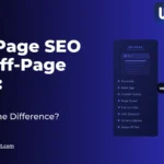 Split illustration comparing on-page SEO elements like keywords and meta tags with off-page SEO factors like backlinks and domain authority