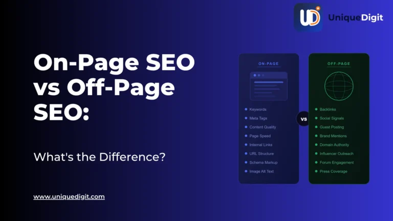 Split illustration comparing on-page SEO elements like keywords and meta tags with off-page SEO factors like backlinks and domain authority
