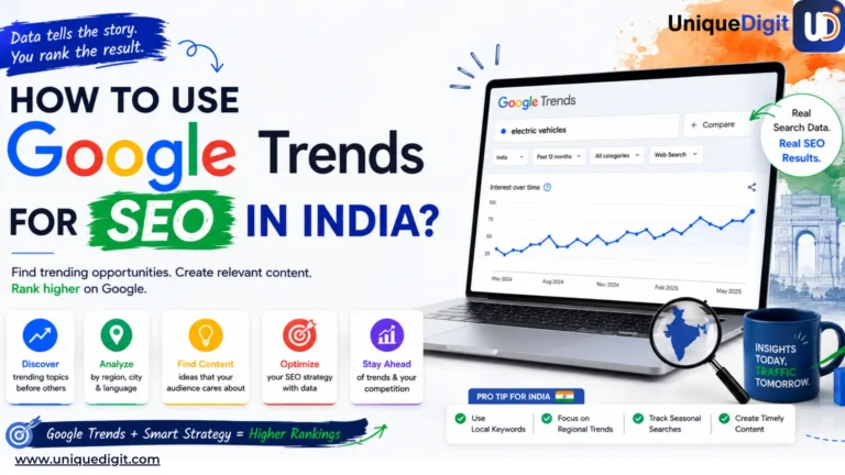 How to Use Google Trends for SEO in India blog banner featuring Google Trends charts, India-focused SEO insights, and search trend analysis graphics.