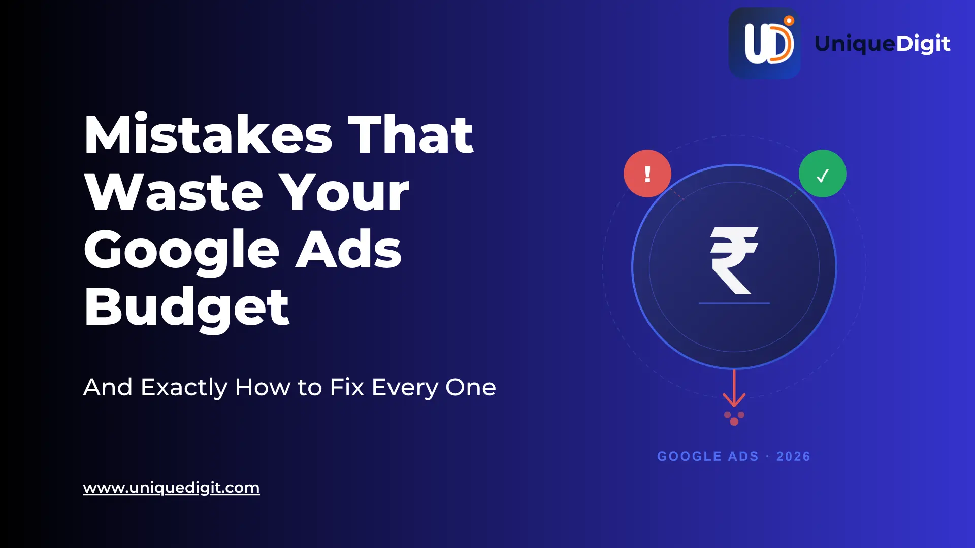 Illustration of a rupee coin with warning and fix icons representing common Google Ads budget mistakes and their solutions