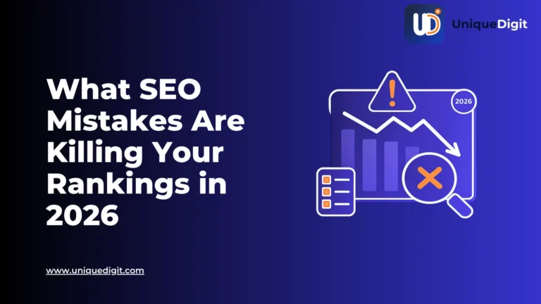 SEO mistakes reducing search rankings in 2026 with declining traffic and website performance illustration.