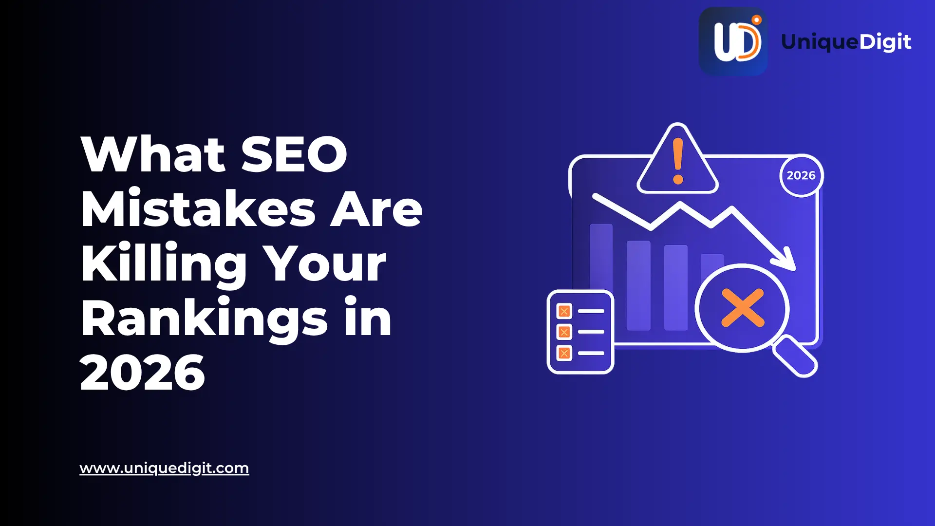 SEO mistakes reducing search rankings in 2026 with declining traffic and website performance illustration.