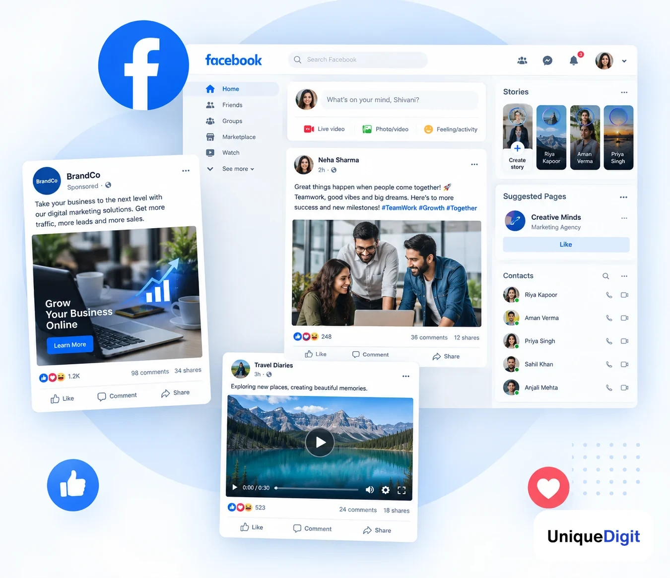 Facebook Marketing showcase managed by Unique Digit