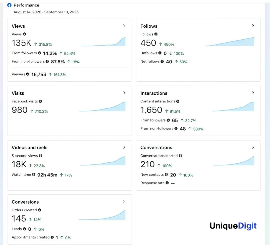 Facebook performance analytics showing 135K views up 315.8%, 450 follows and 145 orders created