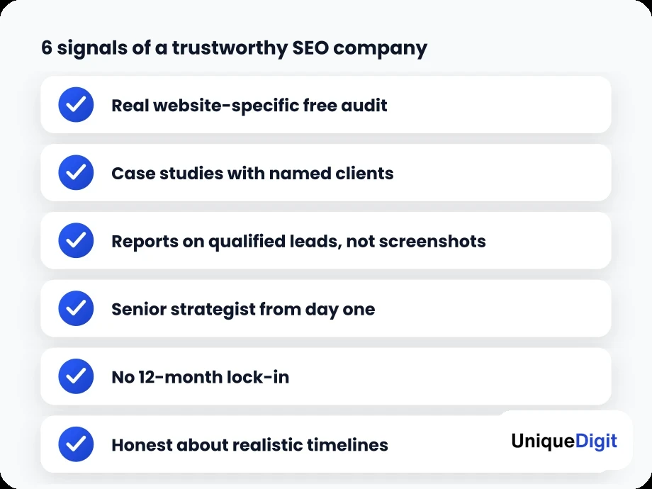 Six trust signals of a reliable SEO company