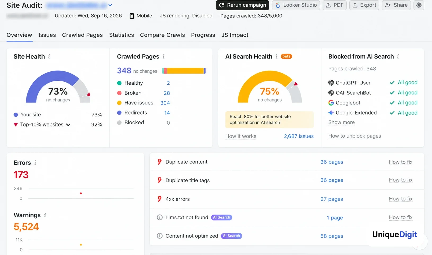 SEO discovery and site audit dashboard: site health, crawled pages and AI search health