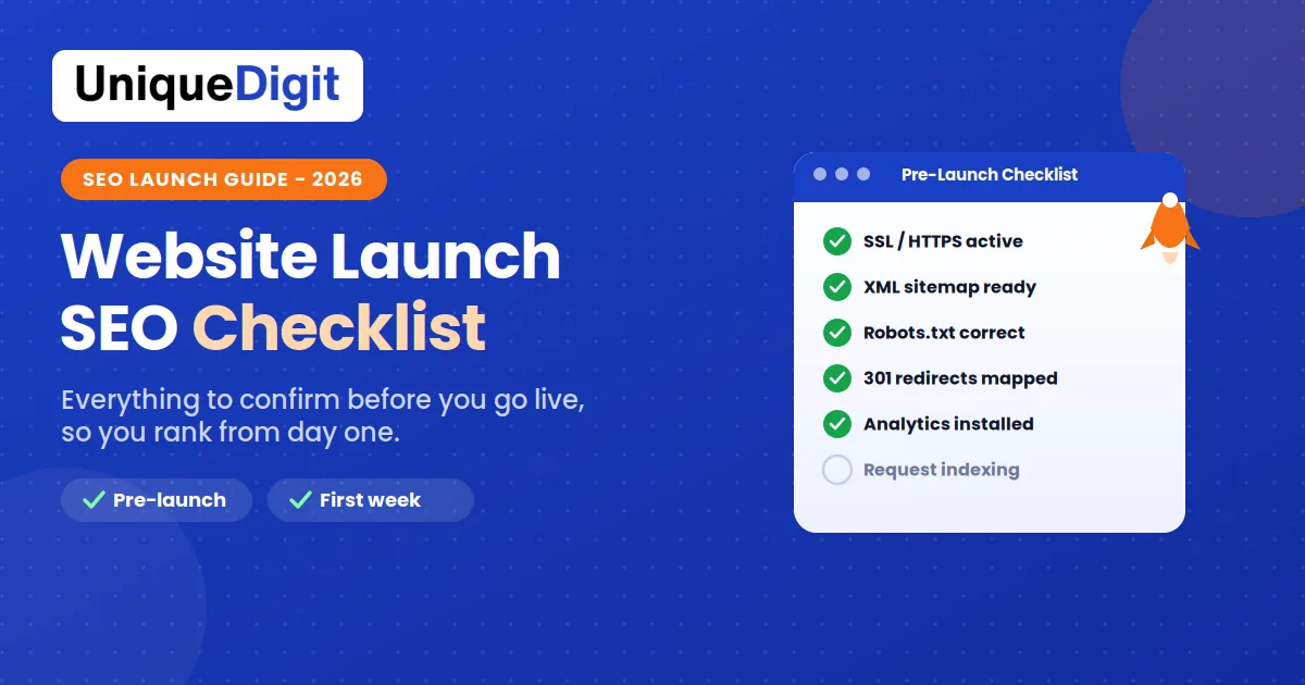 Website launch SEO checklist showing SSL, XML sitemap, robots.txt, 301 redirects, and analytics ticked off, with a rocket launching from the checklist card.